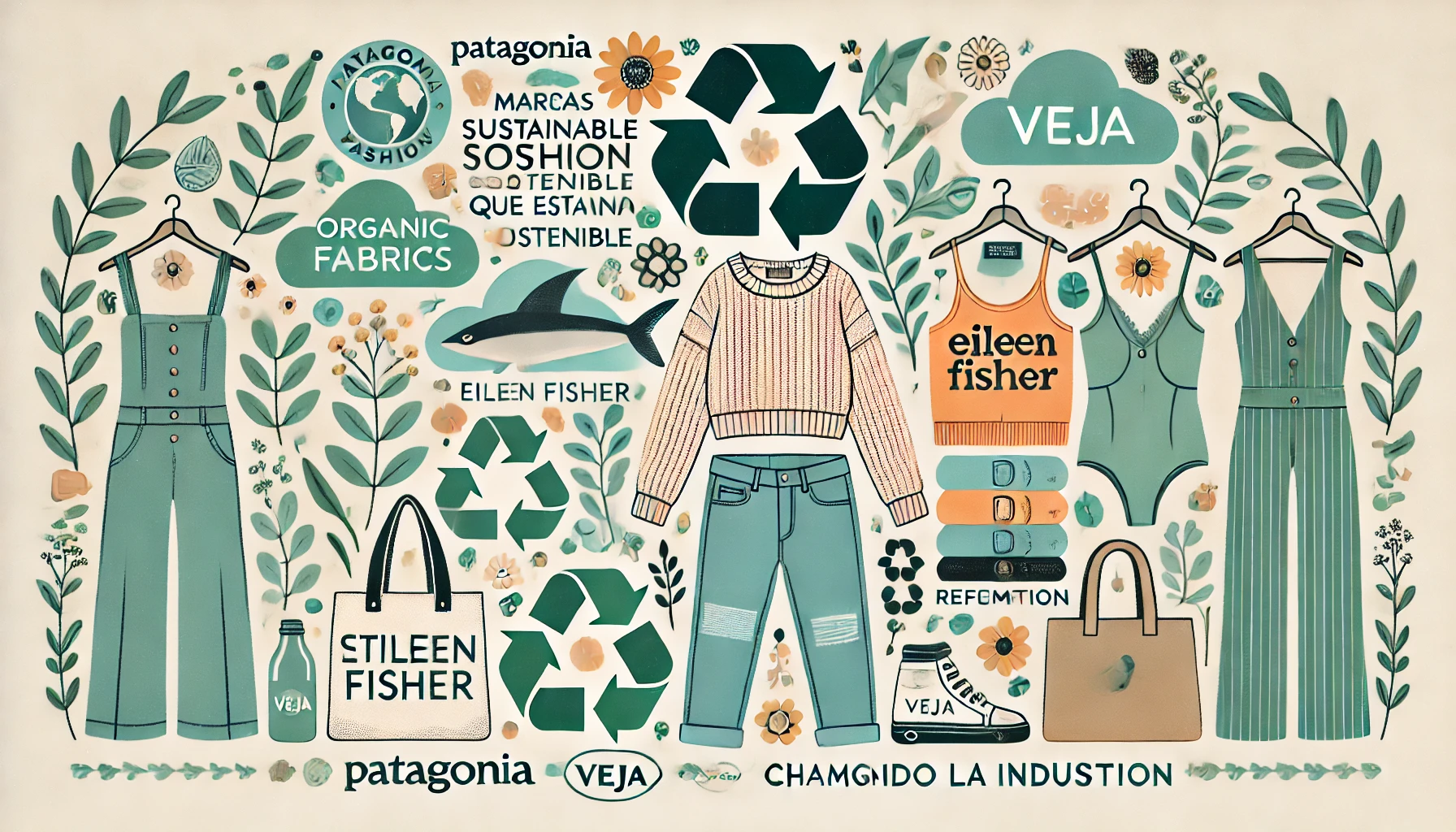 Moda sostenible con logos de Patagonia, Eileen Fisher, Stella McCartney, Veja, y Reformation