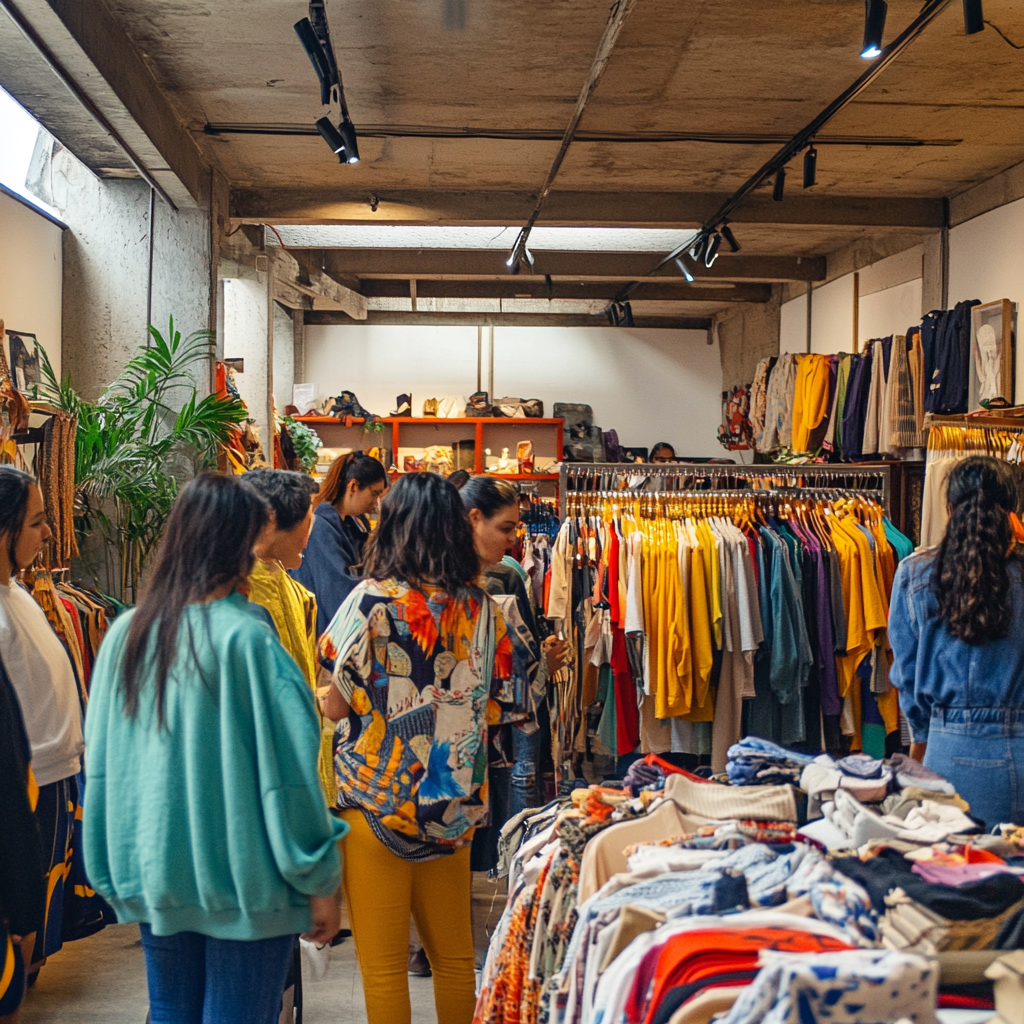 Shoppers browse through racks of sustainable, second-hand clothing in a modern, eco-friendly store in Mexico City, highlighting the vibrant second-hand fashion scene.