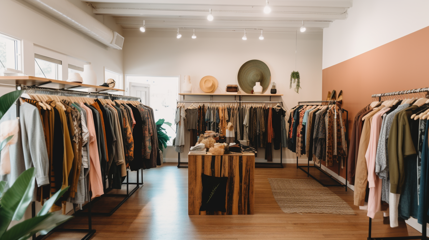 Shoppers browsing through racks of colorful second-hand clothes in a stylish boutique, highlighting the sustainable and fashionable choices available.